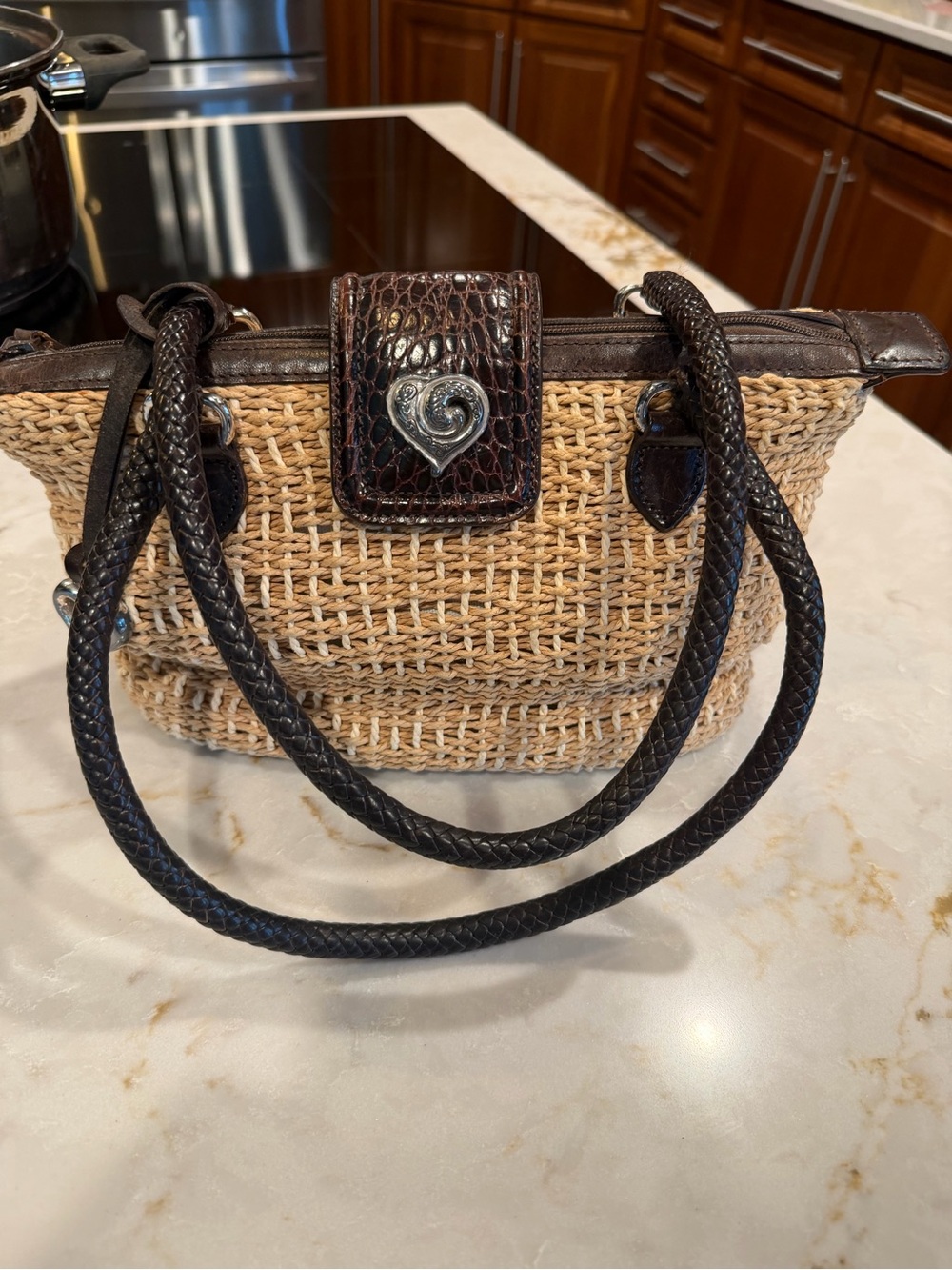 Brighton Woven Straw Tote with Dark Brown Trim and Heart Accent